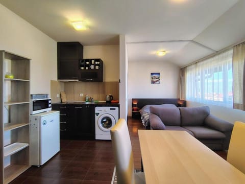 Kitchen or kitchenette, Living room, Seating area, Dining area, stove, washing machine