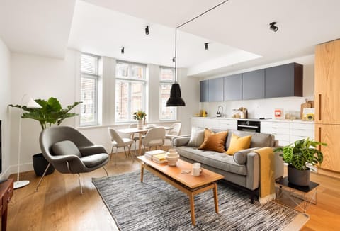 Kitchen or kitchenette, Living room, Seating area, Dining area