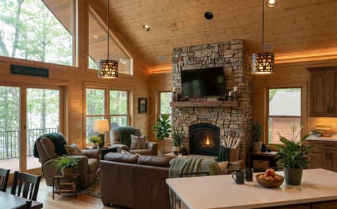 Property building, Communal lounge/ TV room, TV and multimedia, Living room, Seating area, Lake view, fireplace