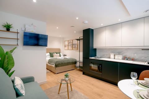 Bed, TV and multimedia, Kitchen or kitchenette, Living room, Photo of the whole room, Seating area, Dining area, Bedroom