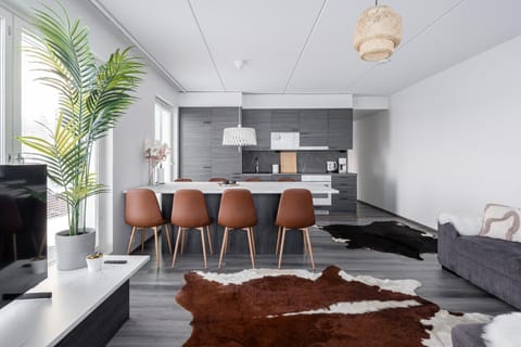 Kitchen or kitchenette, Living room, Seating area, Dining area, stove