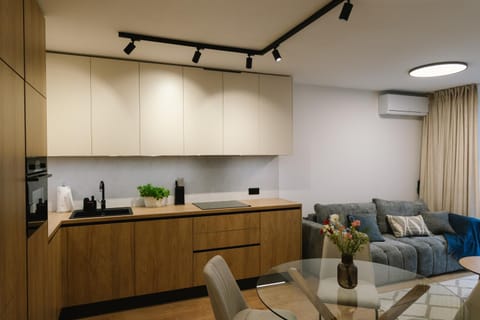 Kitchen or kitchenette, Living room, Seating area, Dining area, air conditioner