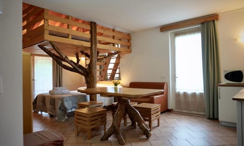 Bed, Living room, Dining area