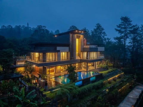 Property building, Night, Natural landscape, Garden, Garden view, Pool view, Swimming pool