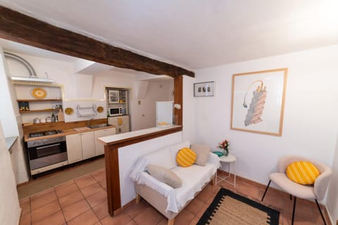 Kitchen or kitchenette, Living room, Seating area, Dining area