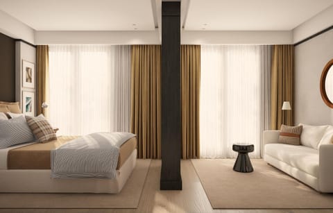 Bed, Living room, Seating area, Bedroom