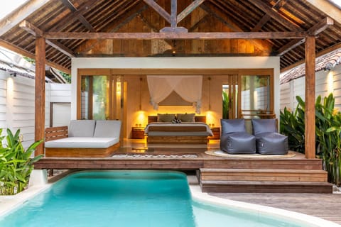 Bed, Seating area, Bedroom, Pool view, Swimming pool, sunbed