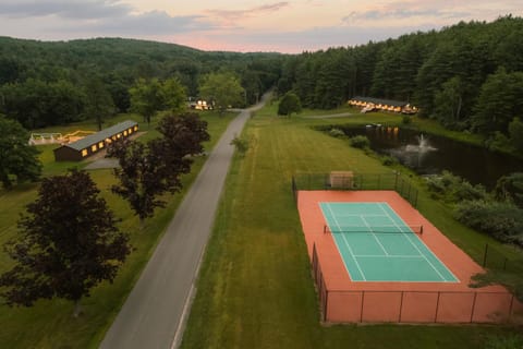 Natural landscape, Bird's eye view, Tennis court, Lake view, Sunset