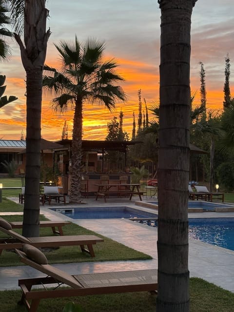 Natural landscape, Pool view, Swimming pool, Sunset, sunbed