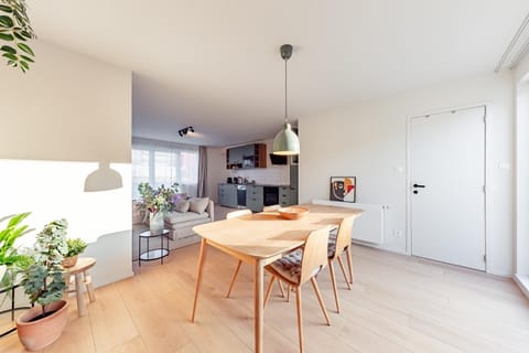 Kitchen or kitchenette, Living room, Seating area, Dining area