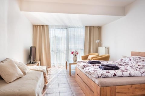 Bed, TV and multimedia, Living room, Seating area, Bedroom