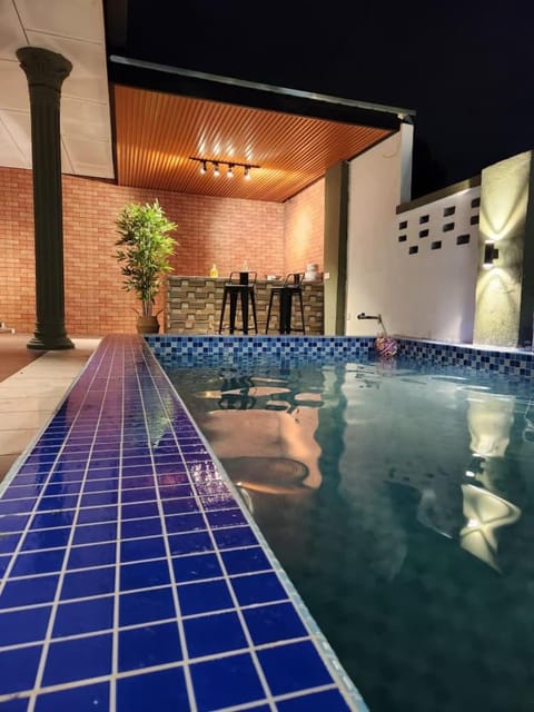 Night, Pool view, Swimming pool, sunbed