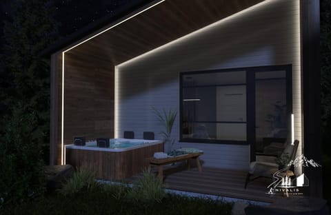 Patio, Night, Natural landscape, Garden, Hot Tub, Living room, Seating area, Garden view