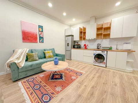 Living room, Seating area, stove, washing machine