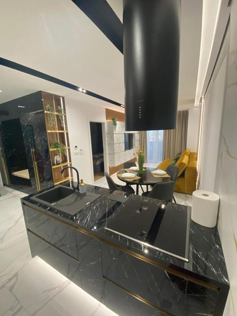 Kitchen or kitchenette, Living room, Seating area, Dining area