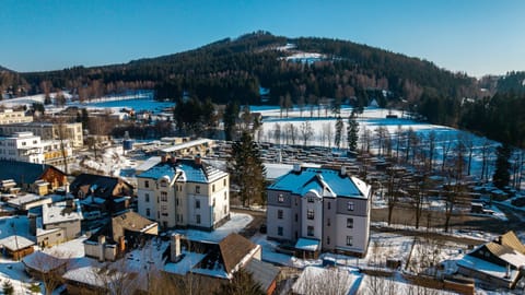 Property building, Nearby landmark, Bird's eye view, Winter, Mountain view