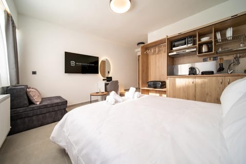 Bed, TV and multimedia, Kitchen or kitchenette, Living room, Photo of the whole room, Seating area, Bedroom