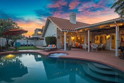 Patio, Natural landscape, Seating area, Swimming pool, Sunset, sunbed