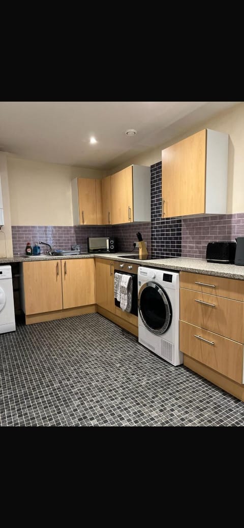 Kitchen or kitchenette, dishwasher, stove, toaster, washing machine, dryer