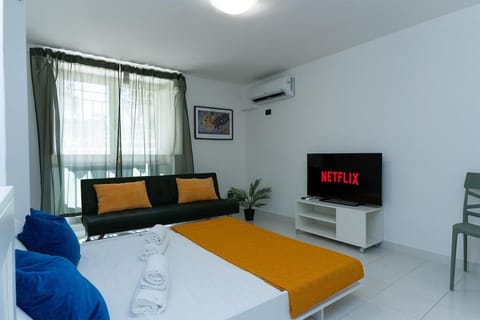 Bed, TV and multimedia, Living room, Photo of the whole room, Seating area, Evening entertainment, Bedroom, air conditioner