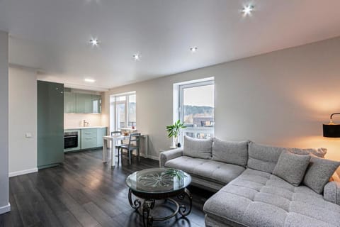 Kitchen or kitchenette, Living room, Seating area, Dining area