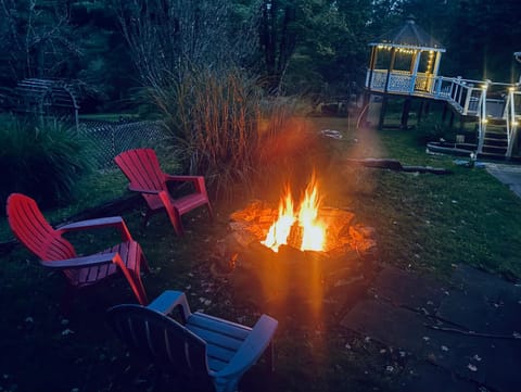 Patio, Night, Garden, Seating area, fireplace