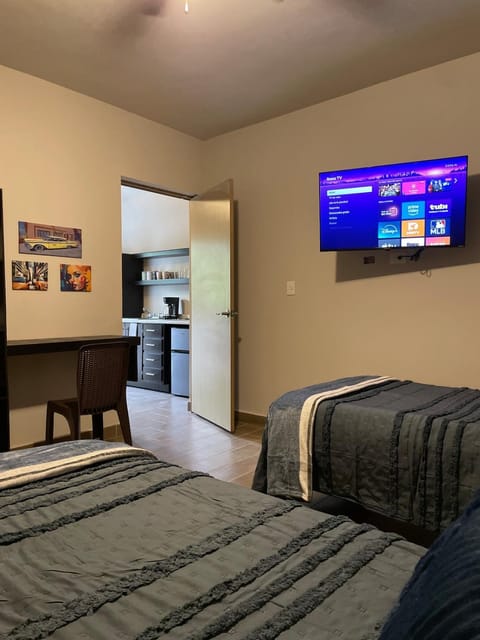 Bed, TV and multimedia, Kitchen or kitchenette, Photo of the whole room, Seating area, Bedroom