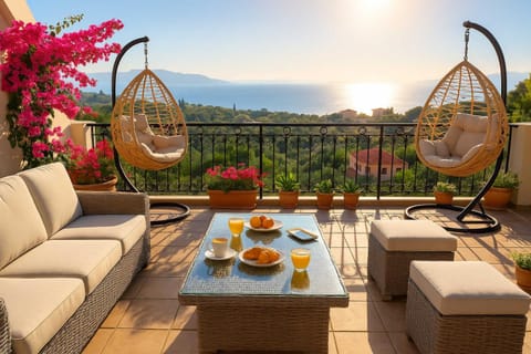 Day, View (from property/room), Balcony/Terrace, Seating area, Dining area, Mountain view, Sea view