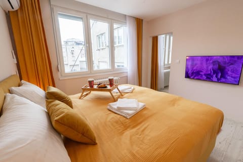 Bed, TV and multimedia, Photo of the whole room, Bedroom, City view, towels, air conditioner