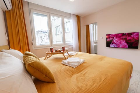 Bed, TV and multimedia, Photo of the whole room, Bedroom, City view, towels, air conditioner