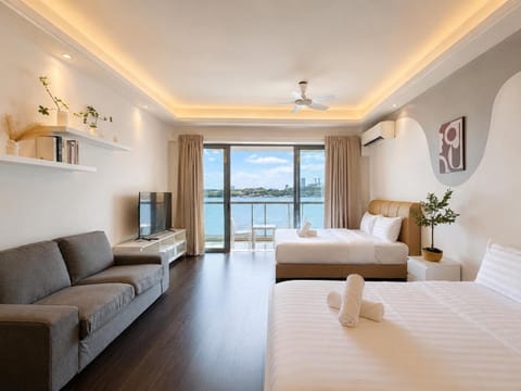 Bed, Natural landscape, Living room, Seating area, Sea view