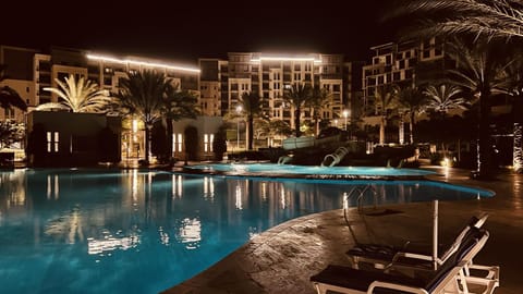Night, Pool view, Swimming pool, Swimming pool