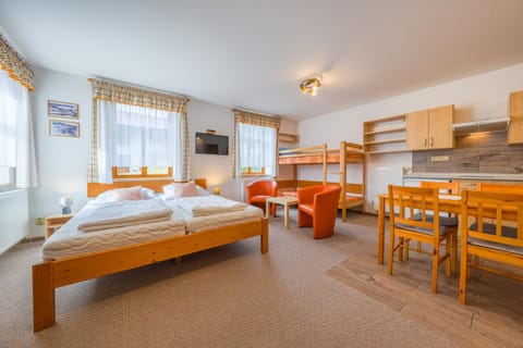 Bed, TV and multimedia, Kitchen or kitchenette, Seating area, Bedroom