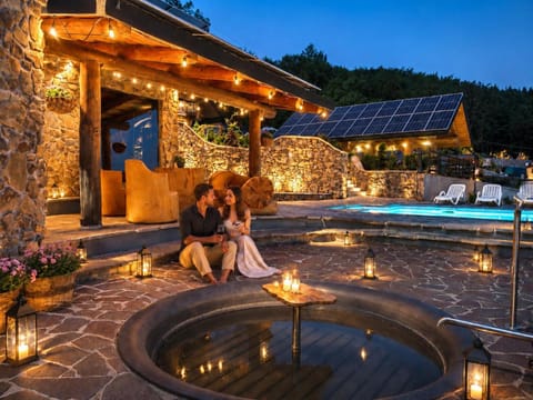 Night, Pool view, Swimming pool, sunbed