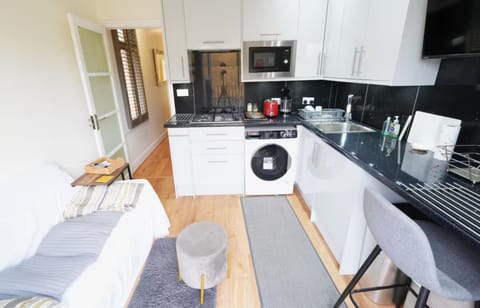 Kitchen or kitchenette, Living room, Seating area, Dining area, microwave, stove, toaster, washing machine