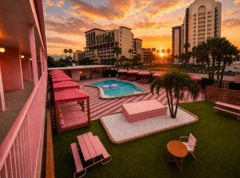 Property building, Pool view, Swimming pool, Sunset, sunbed