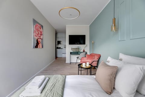 Bed, TV and multimedia, Kitchen or kitchenette, Living room, Photo of the whole room, Seating area, Bedroom