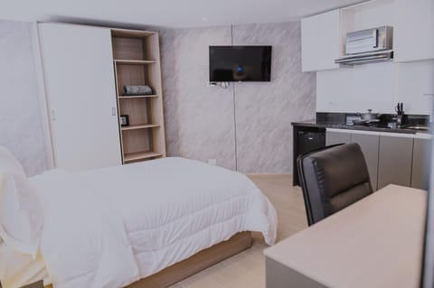 Bed, TV and multimedia, Kitchen or kitchenette, Photo of the whole room, Bedroom, oven