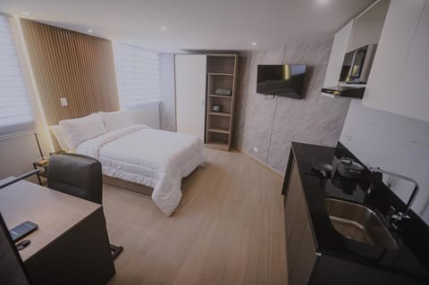 Bed, TV and multimedia, Kitchen or kitchenette, Photo of the whole room, Bedroom