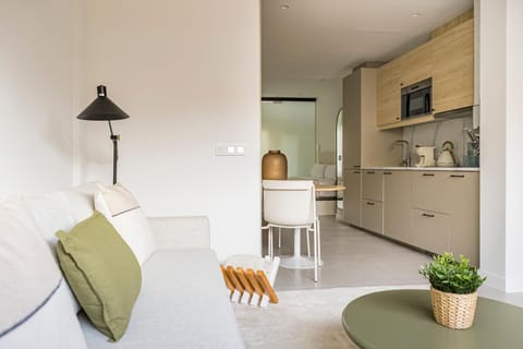 Kitchen or kitchenette, Living room, Seating area, Dining area, stove