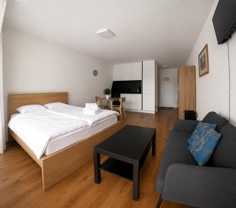 Bed, TV and multimedia, Kitchen or kitchenette, Living room, Photo of the whole room, Seating area, Bedroom, towels, wardrobe