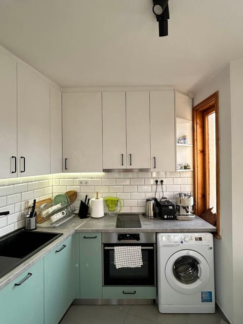 Kitchen or kitchenette, oven, toaster, washing machine