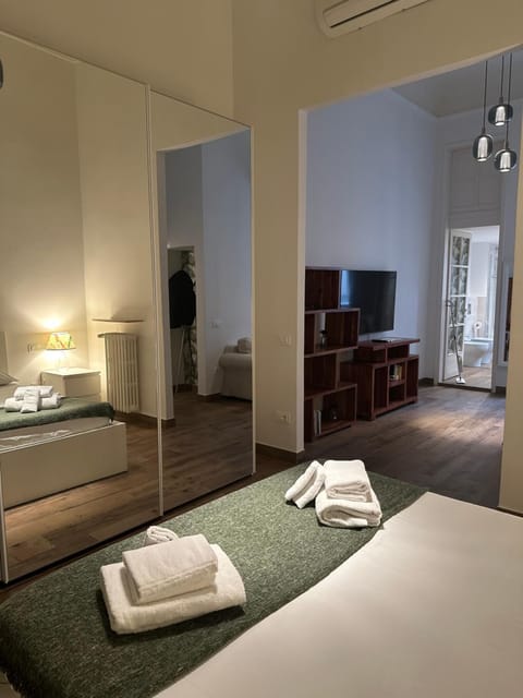 Bed, TV and multimedia, Living room, Photo of the whole room, Seating area, Bedroom, towels, air conditioner