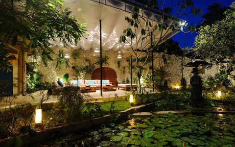 Property building, Night, Garden, Garden, Living room, Garden view