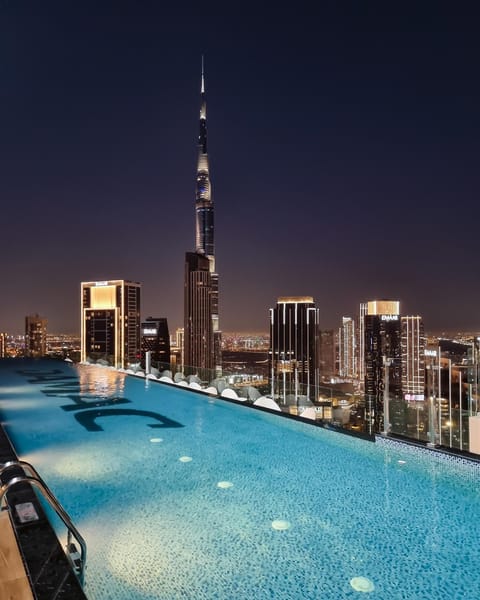Night, City view, Pool view, Swimming pool