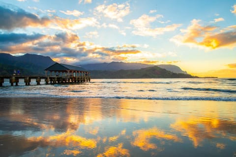 Natural landscape, Beach, Mountain view, Sunset