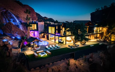 Property building, Night, Natural landscape, Bird's eye view, Mountain view
