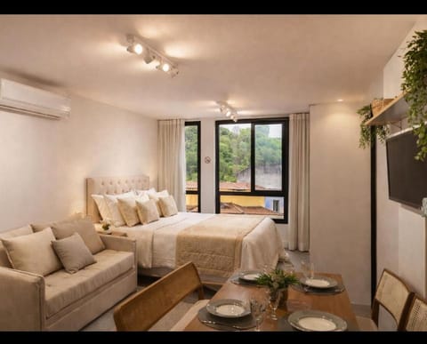 Bed, Living room, Photo of the whole room, Seating area, Bedroom, towels, air conditioner