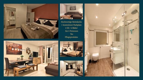Shower, Bed, Bathroom, Living room, Dining area, kitchen