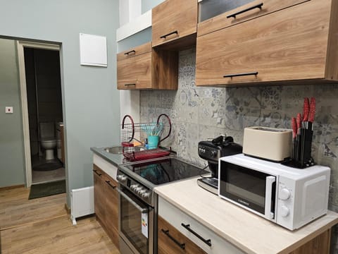 Kitchen or kitchenette, oven, stove, toaster